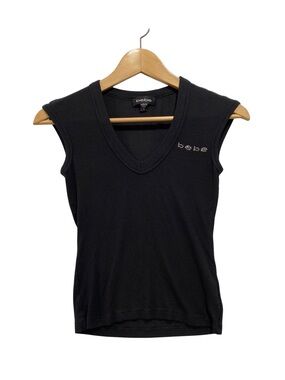 bebe Vintage Black Ribbed Rhinestone Logo Tank Top Women’s Small Made in USA